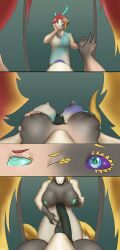 absurd_res anthro anthro_only anthrofied areola big_breasts black_body black_scales blonde_hair breast_grab breasts claws clothed clothing comic diethyl dragon expansion female female_pov first_person_view fur gender_transformation genitals green_areola green_claws green_nipples hair hand_on_breast hand_on_face hi_res horn human hypnosis identity_death labia light_dragon_(totk) looking_at_self male mammal mid_transformation mind_control mirror mtf_transformation mythological_creature mythological_scalie mythology nintendo nipples possession purple_sclera red_hair reflection scales scalie simple_background smile species_transformation tail takeover tears_of_the_kingdom the_legend_of_zelda transformation transformation_pov vulva white_body white_fur