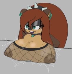 anthro big_breasts breast_rest breasts choker cleavage clothed clothing ear_piercing ear_ring eulipotyphlan fair_argument_(meme) fan_character female fishnet_clothing fishnet_topwear hair huge_breasts jewelry long_hair low_res mammal melon_the_mole_(rougethedaisy) meme mole_(animal) necklace nipples piercing ring_piercing rougethedaisy sega solo sonic_(series) sonic_oc sonic_the_hedgehog_(series) topwear translucent