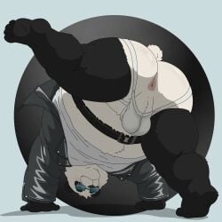 1:1 all_fours anthro anus arknights arknights:_endfield ass bear belly belt belt_around_belly blush bobbellyboy bulge clothing da_pan digital_media_(artwork) eyewear full-length_portrait giant_panda hi_res hypergryph jacket jockstrap light lighting looking_at_viewer male mammal overweight overweight_male pantsless_male perineum portrait pose presenting presenting_anus raised_leg rear_view snaggle_tooth solo studio_montagne sunglasses topwear underwear wearing_sunglasses