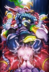 anal anal_sex anthro anus ass avian balls balls_deep beak bird blue_body blue_fur bodily_fluids cum cum_inside duo erection feathers felid feline finger_in_mouth fishhooking full_nelson fur genital_fluids genitals gerrkk glitch_(glitch308) hi_res hook humanoid_genitalia humanoid_penis inflation male male/male male_penetrated male_penetrating male_penetrating_male mammal nour nude open_mouth penetration penile penis sex size_difference standing standing_sex tail