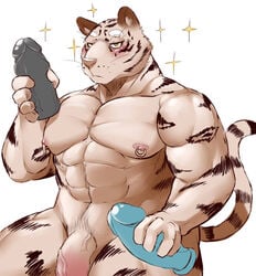 5_fingers abs anthro black_fur blush brown_nose dildo feline flaccid fur half-closed_eyes holding_object holding_sex_toy humanoid_penis looking_at_viewer male male_only mammal muscular muscular_male nipple_piercing nipples nude pecs penis piercing sex_toy sheeporwolf simple_background sitting solo standing striped_fur stripes tiger vein veiny_penis whiskers white_background white_fur white_tiger yellow_eyes