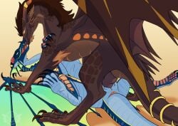 absurd_res accessory anonymous_gardevoir anus beetle_(anonymousgardevoir) blue_body brown_body brown_fur claws dewlap_(anatomy) dragon duo ear_piercing european_mythology fangs female feral feral_on_feral feral_penetrated flower_on_head french_kissing frill_(anatomy) from_front_position fur fur_tuft furgonomics genitals gold_(metal) gold_jewelry gular_flap hi_res horn horn_jewelry ignivor jewelry kissing looking_at_another lying male male/female membrane_(anatomy) membranous_wings missionary_position mythological_creature mythological_scalie mythology on_back orange_body orange_eyes orange_fur penetration penile penile_penetration penis penis_in_vagina piercing pinned pinned_to_ground rainwing_(wof) scalie sex spread_legs spreading tail tail_accessory tail_jewelry tailbutt teeth trans_(lore) trans_man_(lore) tuft unusual_anatomy vaginal_penetration vulva western_dragon wings wings_of_fire yellow_eyes