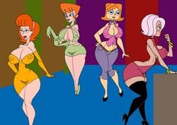 4girls a_kind_of_magic back_cutout bangs bare_shoulders belt big_breasts black_eyes black_legwear black_stockings blue_gloves blush_sticker bracelet busty caglioro3666 cartoon_network choker cleavage cleavage_cutout crossover curvy debbie_turnbull debs_turnbull detailed_background dexter's_laboratory dexter's_mom disney dress ear_piercing earrings elbow_gloves erect_nipple erect_nipples eyelashes eyeshadow female female_only front_view gloves green_eyes green_gloves group hairband hand_on_hip hands_on_hip hands_on_hips high_heel_boots high_heels holding_object hourglass_figure human indoors inside jeans legwear linda_flynn-fletcher lipstick makeup mature midriff milf minidress mother multiple_females multiple_girls nipple_bulge nipples orange_hair phineas_and_ferb piercing pink_hair pose posing red_lipstick robotboy room shoes short_dress short_hair side_view standing stockings voluptuous wide_hips willow_(a_kind_of_magic) yellow_gloves yuri