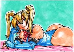 1girls artist_name ass bed big_ass big_breasts blonde_hair breasts busty dead_or_alive fat_ass female female_only fingerless_gloves gloves huge_ass large_breasts leotard long_hair lying marie_rose on_stomach parted_lips pink_lipstick pose posing seductive seductive_smile sensual sexy sexy_pose smile tecmo teeth the_pose thong_leotard traditional_media twintails voluptuous