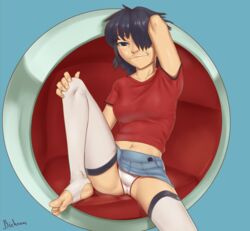 1girls asian bichrom black_hair breasts cameltoe clothing female female_only gorillaz hair_over_one_eye japan looking_at_viewer midriff navel noodle_(gorillaz) panties pantyshot short_hair smirk solo spread_legs stirrup_legwear thighhighs upskirt white_panties