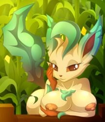 1girls anthro areolae bent_over breasts brown_eyes brown_fur canine eeveelution eyelashes female furry green_fur half-closed_eyes leafeon looking_at_viewer nintendo nipples plant pokemon pokemon_dppt smile solo tail whitmaverick