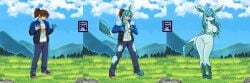3:1 absurd_res anthro breasts clothed_to_nude clothing clothing_loss eeveelution female furminko27 gender_transformation generation_4_pokemon glaceon hi_res human_to_anthro male mtf_transformation nintendo nude outside pokemon pokemon_(species) pokemorph sequence species_transformation standing three_frame_sequence torn_clothing transformation transformation_sequence