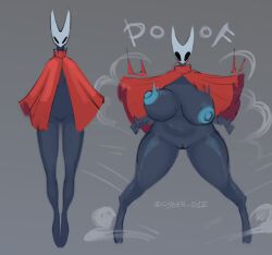 absurd_res animal_humanoid anthro areola arthropod arthropod_humanoid big_breasts biped black_body black_skin blue_areola blue_nipples blush blush_lines bouncing_breasts breasts cloak clothed clothing cyber_d1e dark_body dark_skin embarrassed female genitals grey_background hi_res hollow_knight hollow_knight:_silksong hollow_knight_(franchise) horned_mask hornet_(hollow_knight) huge_breasts humanoid insect_humanoid insects mask mostly_nude motion_lines nipples non-mammal_breasts non-mammal_nipples non-mammal_vulva onomatopoeia partially_clothed red_cloak red_clothing shocked signature simple_background slightly_chubby slightly_chubby_female solo sound_effects standing team_cherry text transformation vulva white_mask wind