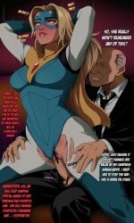 1boy absurdres arms_behind_head balding black_necktie black_suit blonde_blazer blonde_hair blue_boots blue_leotard blush bodysuit boots breasts cape censored clothing_aside cowboy_shot curvy dispatch_(game) english_commentary english_text female gem glowing glowing_eyes grey_hair highres hypnosis large_breasts leotard leotard_aside mind_control narrow_waist necktie old old_man penis_out pink_eyes pink_lips pubic_hair pussy pussy_juice rape red_gem rolling_eyes sex sitting spread_legs straight suit thigh_boots toned toned_female torn torn_bodysuit torn_clothes vaginal_penetration white_bodysuit wing_collar yellow_cape