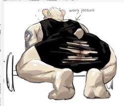 anthro anus arm_tattoo ass athletic_wear back_muscles barazoku barbell barbell_squats barefoot bear biceps big_butt big_muscles black_bottomwear black_clothing black_shirt black_shorts black_tank_top black_topwear bottomwear butt_focus clothing crouching djtaka dragon_tattoo english_text exercise exercise_clothes exercise_clothing exercise_equipment exercise_gear feet fur gym gym_bottomwear gym_shorts low-angle_view male mammal manly muscular muscular_anthro muscular_arms muscular_male muscular_thighs polar_bear presenting presenting_body presenting_hindquarters rear_view shirt shorts showing_off_butt showing_off_muscles solo squatting_pose tail tank_top tattoo text thick_arms thick_thighs topwear torn_bottomwear torn_clothing torn_shorts ursine weightlifting white_body white_fur workout workout_clothing workout_equipment workout_gear workout_outfit