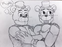 2boys animatronic bear big_pecs dialogue english_text five_nights_at_freddy's five_nights_at_freddy's:_security_breach fnaf freddy_(fnaf) fur furry gay glamrock_freddy_(fnaf) grabbing_pecs groping groping_pecs male male/male male_only muscular muscular_male pecs randoming1922 robot scottgames steel_wool_studios text