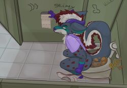 2026 2_horns 4_fingers anthro bathroom canid canine canis clenched_teeth clothing ears_back english_text fart fingers fur graffiti grey_body grey_fur hair hi_res high-angle_view horn inner_ear_fluff inside leaning leaning_forward looking_back lyonel_(lyonelhy) male mammal multicolored_body multicolored_fur pivoted_ears public_restroom purple_clothing purple_hands purple_horn purple_sweater purple_topwear red_body red_fur restroom_stall scat side_view sitting sitting_on_toilet solo sound_effects sweater teeth text toilet toilet_paper topwear tuft two_tone_body underwear white_body white_fur wolf wooweeree