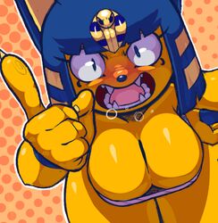 1girls 2017 5_fingers angry animal_crossing ankha anthro bandage bent_over big_breasts blonde_hair blue_eyes blue_fur blue_hair blue_nose blush breasts claws cleavage dotted_background egyptian eyebrows eyelashes fangs feline female female_only fur furry hand_on_hip hanging_breasts looking_at_viewer mammal multicolored_fur multicolored_hair nintendo open_mouth pattern_background pointing sharp_teeth simple_background solo teckworks teeth thick_thighs tongue two_tone_hair wide_hips yelling yellow_fur