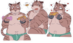 2017 anthro black_nose blush body_hair brown_fur bulge choice clothed clothing crying dumbbell eating eyewear feline fingerless_gloves food fur fur_markings glasses gloves halo happy_trail heart holding_food holding_object hot_dog hungry looking_down male male_only mammal markings multicolored_fur multiple_scenes navel o_0 open_mouth paper red_eyes sheeporwolf simple_background sitting slightly_chubby solo standing steam stripes suggestive suggestive_food sweat sweatdrop tears teeth topless two_tone_fur underwear weights white_background wings