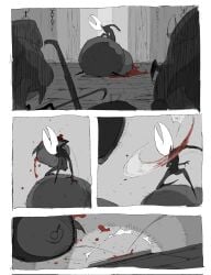 2026 anthro arachnid arthropod biped black_body blood blood_drip bodily_fluids booby_trap chains comic decapitation dialogue dripping featureless_feet feet female fly_(animal) group hi_res hollow_knight_(franchise) horn hornet_(hollow_knight) insects justdog larger_anthro larger_male male mostly_greyscale obese obese_anthro obese_male overweight overweight_anthro overweight_male pressure_plate segmented_body severed_body_part severed_head size_difference smaller_anthro smaller_female speech_bubble spider team_cherry throwing_object wardenfly weaver_(hollow_knight)