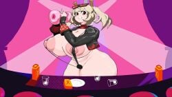 artificial_vagina breasts burnice_white chamtree covered_nipples curvy dancing fellatio_gesture female gigantic_ass gigantic_breasts highres holding huge_breasts huge_nipples large_areolae large_breasts looking_at_viewer plump sex_toy shortstack skindentation slingshot_swimsuit smile swimsuit thick_thighs thighs zenless_zone_zero