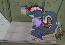 2026 2_horns 4_fingers bathroom canid canine canis clenched_teeth clothing ears_back english_text feces fingers fur graffiti grey_body grey_fur hair hi_res high-angle_view horn inner_ear_fluff inside leaning leaning_forward looking_back lyonel_(lyonelhy) male mammal multicolored_body multicolored_fur pivoted_ears pooping_in_toilet public_restroom purple_clothing purple_hands purple_horn purple_sweater purple_topwear red_body red_fur restroom_stall scat side_view sitting sitting_on_toilet solo sound_effects sweater teeth text toilet toilet_paper topwear tuft two_tone_body underwear white_body white_fur wolf wooweeree