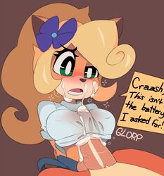 1boy 1girls 2017 activision anthro balls bandicoot blonde_hair blush breasts brother_and_sister captain_kirb clothed_sex coco_bandicoot crash_(series) crash_bandicoot cum cum_on_clothing cum_on_face duo english_text eyebrows eyelashes female flower furry green_eyes hair_flower highres incest long_hair male mammal marsupial nipples open_mouth paizuri paizuri_under_clothes penis plant ponytail sex siblings simple_background solo_focus straight teeth text tongue vein white_shirt