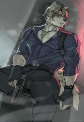 2026 anthro anthro_only bottomwear bulge canid canine capcom clock clothed clothing detailed_bulge fingerless_gloves genital_outline gloves gun handwear hi_res leon_scott_kennedy male male_only mammal pants penis_outline ranged_weapon resident_evil sadmishutka_(artist) shirt solo topwear unbuttoned_shirt watch weapon wristwatch