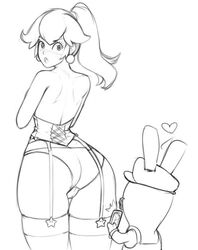 back_view big_ass bustier corset dat_ass mario_(series) mario_+_rabbids mario_+_rabbids:_kingdom_battle monochrome nintendo princess_peach rabbid rabbid_mario raccoon-in-disguise raccoon_in_disguise raving_rabbids stockings