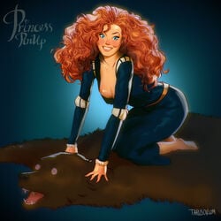 1girls andrew_tarusov animal animal_ears artist_name barefoot bear big_hair blue_eyes brave breasts brown_fur curly_hair disney disney_princess dress english english_text feet female female_only female_protagonist fur fur_trim high_resolution hips human legs lips long_hair looking_at_viewer medium_breasts merida nipples orange_hair pixar princess red_hair redhead signature simple_background smile soles solo text thighs toes very_high_resolution