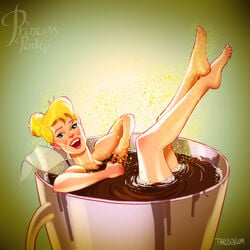 andrew_tarusov artist_name bare_shoulders barefoot bathing blonde_hair blue_eyes breasts cleavage disney disney_fairies earrings english english_text fairy feet female female_only green_background hair_bun high_resolution hips humanoid insect_wings jewelry legs lips lipstick long_hair looking_at_viewer makeup medium_breasts minigirl open_mouth peter_pan_(disney) signature simple_background soles solo stud_earrings text thighs tied_hair tinker_bell toes tongue topless very_high_resolution wet wings