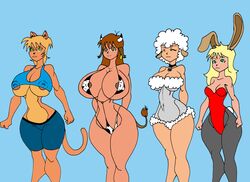 4girls animal_ears anthro areola_slip arms_behind_back bad_anatomy bangs bare_shoulders bell_choker belt big_breasts blonde_hair bovine brown_eyes brown_hair bunny bunny_ears bunny_tail bunnygirl bunnysuit busty caglioro3666 cat_tail catgirl choker cleavage closed_eyes collar cow cow_girl cow_tail cowbell curvy ear_piercing earrings erect_nipple erect_nipples feline female female_only front_view furry green_eyes group hand_behind_back hands_behind_back horn hourglass_figure humanoid leotard lingerie long_hair mammal medium_breasts midriff multiple_females multiple_girls nipple_bulge pantyhose piercing pose posing see-through sheep sheep_girl short short_hair short_shorts simple_background sling_bikini standing tail thick_thighs underboob underwear voluptuous white_eyes wide_hips yellow_hair