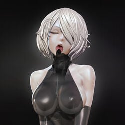 3d big_breasts breasts cleavage female female_only large_breasts latex leslyzerosix nier nier:_automata open_mouth solo thighhighs tongue tongue_out yorha_2b