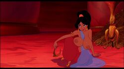 accurate_art_style aladdin areolae armlet between_breasts black_hair body_piercing breasts clothes_between_breasts dark-skinned_female dark_skin disney disney_princess earrings edit editfag evil_queen_jasmine female female_only huge_breasts human indoors jafar_harem_outfit lipstick long_hair looking_up nipple_piercing nipples no_bra on_floor piercing ponytail princess princess_jasmine puffy_nipples screenshot screenshot_edit sitting smile smirk solo topless