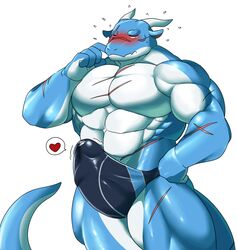 1boy anthro blush bulge clothing dragon erection heart humanoid_penis male male_only muscular muscular_male penis penis_outline scar sheeporwolf solo speedo standing sweat swimsuit