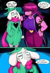 2025 absurd_res ai_generated anthro blush bovid breasts caprine clothed clothing comic darkner deltarune dialogue digital_media_(artwork) duo english_text eyewear female freckles fur glasses goat hair hat headgear headwear heart hellsonger hi_res horn jewelry male mammal open_mouth ralsei reptile robe scalie scarf smile speech_bubble spiked_bracelet spikes susie_(deltarune) text topwear undertale_(series) white_body white_fur