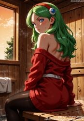 ai_generated ass back bangs bare_shoulders belt black_legwear black_pantyhose blue_eyes blush breasts brianne_de_chateau closed_mouth clothing cloud dragon_ball dragon_ball_super dragon_ball_z dress earrings female female female_only from_behind green_hair hair_ornament hairband headwear indoors jewelry jousneystudio legwear long_hair long_sleeves looking_at_viewer looking_back off-shoulder_sweater off_shoulder pantyhose red_dress red_hairband red_sweater sitting sky solo sunset sweat sweater sweater_dress thighs tree white_belt window