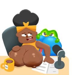 1boy anthro ass ass_focus avian bea_(duolingo) big_ass bird black_hair blush brown_skin chair coffee_mug dark_skin desk duo_(duolingo) duolingo eyebrows female heart-shaped_pupils huge_ass humanoid humor large_ass looking_at_ass male melonmiloc meme microphone open_mouth owl paper parody podcast shocked simple_background sitting surprised sweat thick_thighs white_background wide_eyes yellow_headband