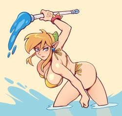 1girls 2d ass big_ass big_breasts bikini blonde_hair blue_eyes bracelet breasts brellom cleavage earrings female female_link female_only freckles genderswap_(mtf) golden_bikini hat hi_res huge_breasts hylian light-skinned_female link looking_at_viewer partially_submerged png pointy_ears ponytail rule_63 simple_background skindentation solo spiked_bracelet tattoo tattoo_on_hand the_legend_of_zelda water
