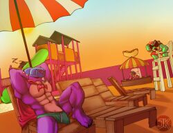 abs anthro beach bodily_fluids brawl_stars buzz_(brawl_stars) clothing dinosaur doug_(brawl_stars) erection food genital_fluids green_body group hi_res hot_dog jaskeywolf male nipples paws pierce_(brawl_stars) pink_body precum prehistoric_species purple_body reptile scalie sleeping snoring solo supercell_(company) trio underwear water watermark white_body