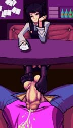 1boy 1girls balls boxman cum cum_on_self femdom footjob footjob_with_legwear indoors julianne_stingray long_hair no_shoes oekaki penis purple_hair twintails under_the_table va-11_hall-a