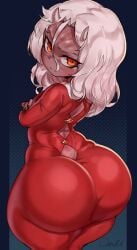 1girls ass ass_focus back_cutout big_ass black_nails blush bubble_butt calamitas calamity_mod child_bearing_hips clothed clothing clothing_cutout crossed_arms dark-skinned_female dark_skin fancy_clothing fancy_dress female female_focus from_behind high_resolution horns huge_ass jewelry long_hair looking_at_viewer looking_back necklace ourobot paid_reward red_dress red_eyes red_shoes scar scar_on_face shoes shortstack slit_pupils solo standing tagme terraria thick_thighs thighhighs thighs tight_clothing tight_dress very_high_resolution white_hair wife_material