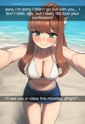 1girls ai_generated beach bikini brown_hair cleavage doki_doki_literature_club english_text green_eyes large_breasts light-skinned_female light_skin looking_at_viewer maihateslosers monika_(doki_doki_literature_club) rejection selfie sitting skirt snapchat social_media solo swimsuit whale_tail_(clothing) white_bikini