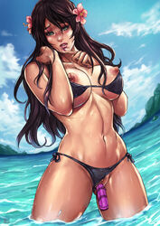 1girls artist_name bare_shoulders belly bikini bikini_bottom bikini_top black_bikini black_hair black_swimsuit blue_eyes blush breasts covered_breasts dildo erect_nipples female female_masturbation female_only female_pubic_hair flower hair_flower hair_ornament high_resolution hips human insertion kachima large_breasts legs lipstick long_hair makeup masturbating masturbation midriff nail_polish navel nipples nude object_insertion original original_character pubic_hair pussy signature solo standing stomach swimsuit thighs topless vagina vaginal_insertion vaginal_object_insertion vaginal_penetration very_high_resolution water wet