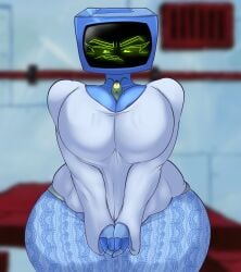 absurd_res anthro between_breasts big_breasts blurred_background breasts cleavage clothed clothing duo extreme_size_difference female forbidden_pants frown hi_res huge_breasts humanoid karen_plankton machine male male/female marine micro nickelodeon plankton_(species) robot robot_humanoid screen screen_face sheldon_j._plankton size_difference spongebob_squarepants teenagebratwurst