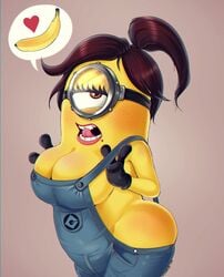 <3 1girls banana big_breasts brown_eyes brown_hair brunette busty cameltoe cleavage curvy despicable_me eyelashes female freckles gloves humanoid lipstick long_hair minion minions_(film) one_eye open_mouth partially_nude pink_lips rule_63 shadman solo thick_thighs tongue_out voluptuous what wide_hips yellow_skin