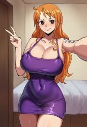 ai_generated bare_shoulders bed blush breasts brown_eyes cleavage closed_mouth collarbone covered_navel cuckold dress earrings female female_only huge_breasts indoors jewelry long_hair looking_at_viewer nami_(one_piece) netorare one_piece orange_hair outstretched_arm purple_dress selfie short_dress shoulder_tattoo smile solo tattoo thighs tight_dress v zeulzin