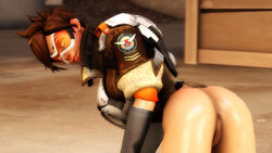 1girls 3d anus ass blizzard_entertainment brown_hair brunette butt curvy female larryjohnsonsfm overwatch partially_nude pink_lips short_hair smile solo source_filmmaker thigh_highs tracer vagina video_games wide_hips yellow_eyes