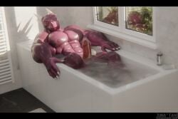 2025 3d_(artwork) 4_claws 4_fingers abs anthro aroused athletic athletic_anthro athletic_male balls barely_visible_knot bathroom bathtub bent_legs big_biceps big_muscles big_pecs big_penis biped blender_(artwork) bodily_fluids claws cum cum_bath cum_drip cum_dripping_from_penis cum_on_penis cum_pool cum_strand cum_string cumshot digital_media_(artwork) dragon dripping ejaculation erection excessive_cum excessive_genital_fluids finger_claws fingers genital_fluids genitals glans grin half-closed_eyes hands-free head_spikes hi_res humanoid_genitalia humanoid_penis hybrid_genitalia hybrid_penis juna_(junatah) junatah knot knotted_humanoid_penis knotted_penis letterbox lizard male markings multicolored_body muscular muscular_anthro muscular_male mythological_creature mythological_scalie mythology narrowed_eyes nipples nude_anthro nude_male orange_sclera orgasm partially_submerged pecs penis pupils purple_body purple_nipples red_glans red_penis reptile scalie shadow sharp_teeth sitting slit_pupils smile solo spikes spikes_(anatomy) teeth thick_thighs watermark window wingless_dragon