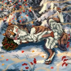 1:1 animal_genitalia animal_penis anus balls black_nose brown_body brown_fur candy_cane_in_mouth canid canine canine_genitalia canine_penis cheek_tuft chest_tuft christmas christmas_tree erection facial_tuft feral fur genitals grey_body grey_fur hi_res holidays knot knotted_penis looking_at_viewer lying male male_feral mammal markings msdeadsoul neck_tuft on_side orange_eyes orange_markings outside pawpads penis plant presenting presenting_anus presenting_penis red_pawpads red_penis shrub solo spread_legs spreading tree tuft white_balls white_body white_fur