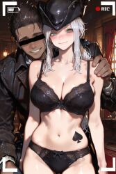 1boy 1boy1girl 1female 1girls 2025 ai_assisted ai_generated backboob big_breasts black_underwear bloodborne blush blush_lines blushing_female breasts breasts_out clothed clothed_female clothing corrupted corruption covering_breasts dark-skinned_male dark_skin faceless_male female female_focus fromsoftware goth goth_girl green_eyes inminent_sex lady_maria_of_the_astral_clocktower large_breasts light-skinned_female light_skin long_hair male male/female netorare ntr ponytail qos qos_clothing queen_of_spades queen_of_spades_symbol queen_of_spades_tattoo recording recording_video smile smiling smiling_at_viewer tagme tattoo tattoo_on_breast touching_breast tricorne uncensored underwear unfaithful video_game video_game_character video_game_franchise video_games white_hair