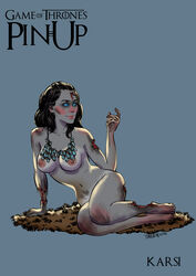 a_song_of_ice_and_fire andrew_tarusov artist_name bare_shoulders barefoot belly black_hair blood blue_background blue_eyes breasts character_name copyright_name english english_text feet female female female_only game_of_thrones grey_skin high_resolution hips jewelry karsi legs long_hair looking_at_viewer medium_breasts navel necklace nipples nude signature simple_background solo stomach text thighs toes topless undead very_high_resolution zombie