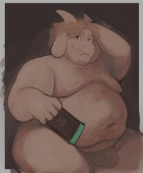 1boy anthro asriel_dreemurr bovid bulge caprine clothed clothing goat hi_res looking_at_viewer male male_only mammal nervous_smile partially_clothed scratching_head skinnyjimbles solo undertale undertale_(series)