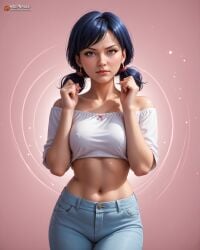 ai ai_generated bangs black_hair blue_eyes blue_hair createdwithai digital_2d fan_art female girl low_twintails marinette_dupain-cheng medium_breasts nostra666 patreon short_hair short_twintails slim stable_diffusion white_skin
