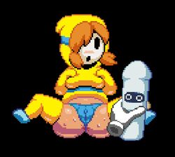 1girls 1other artist_request ass black_background blue_panties clothing dark_skin dildo female female_focus full_body mario_(series) nintendo pixel_art red_hair sex_toy shy_gal shylar simple_background spread_legs sweat tagme